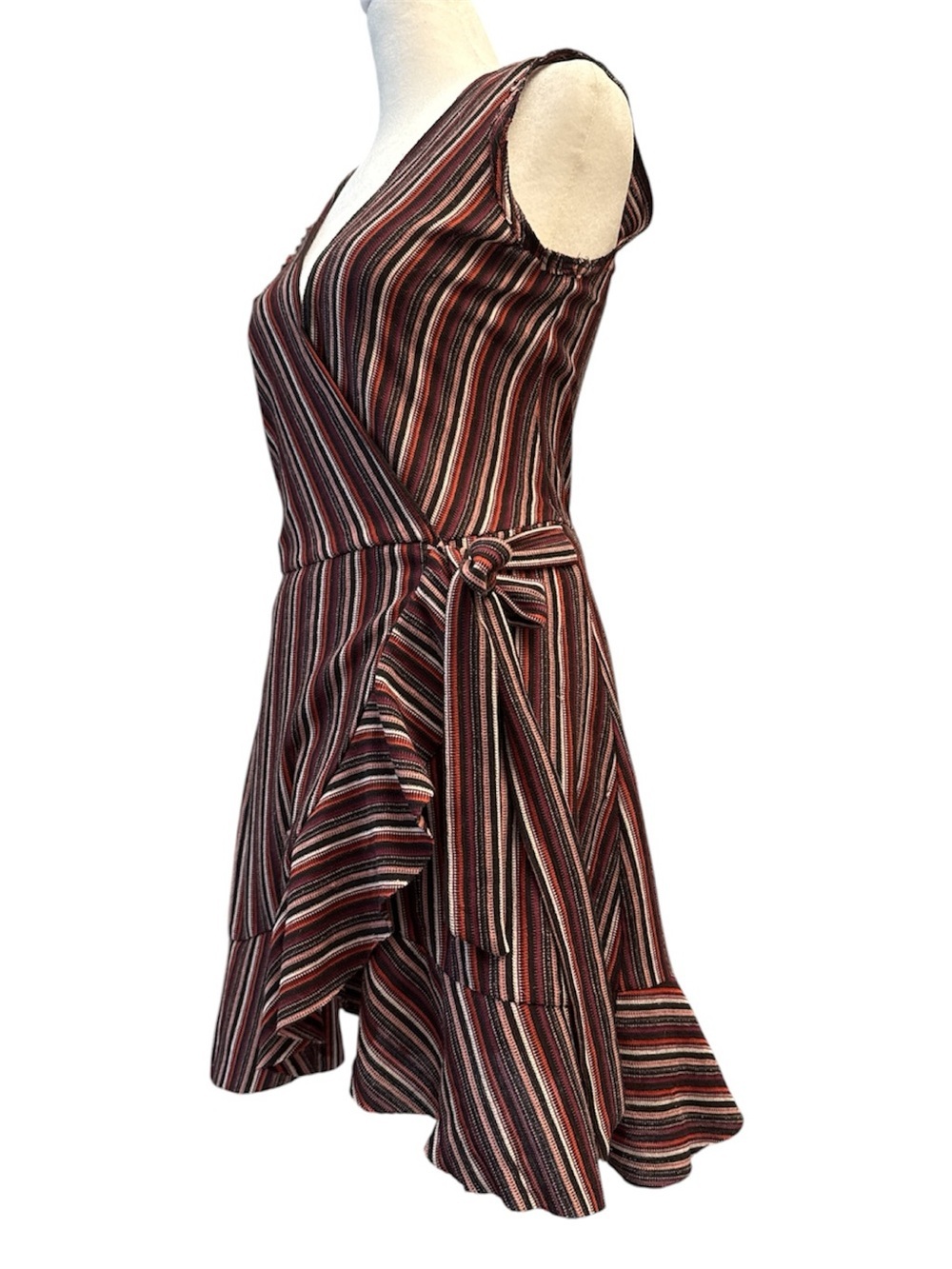 Crystal Doll Burgundy and Black Striped Wrap Mini Dress